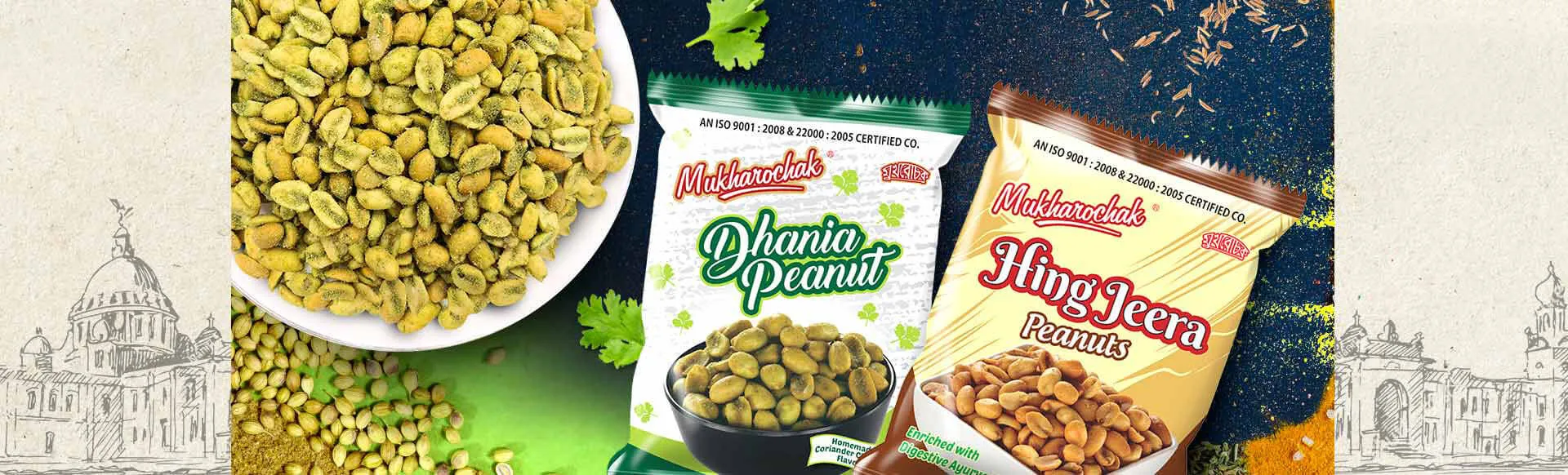 Mukharochak desktop banner image containing a bowl full of dhania peanut, packets of hing jeera peanuts, and dhania peanut