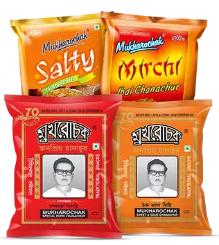 Image containing packets of salty chanachur, mirchi jhal chanachur, special papri chanachur, and sweet & sour chanachur