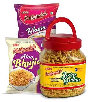 Image containing packets of aloo bhujia, jeera gathia, and  bhujia namkeen