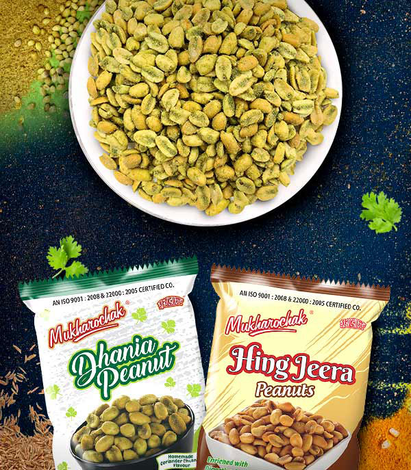 Mukharochak mobile banner image containing a bowl full of dhania peanut, packets of hing jeera peanuts, and dhania peanut